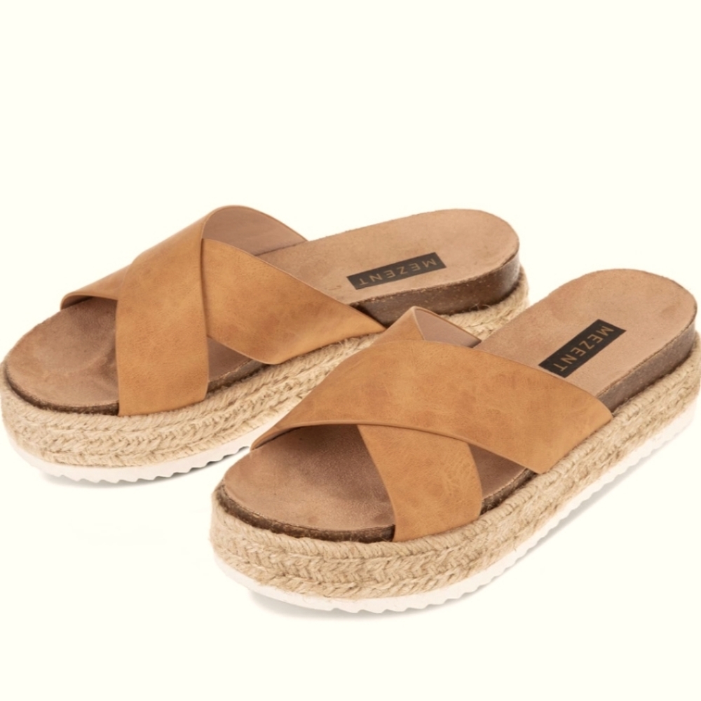 Mezent Tan Faux Suede Cross Strap, Rope Wedge Platform Espadrilles Sandals 6.5
